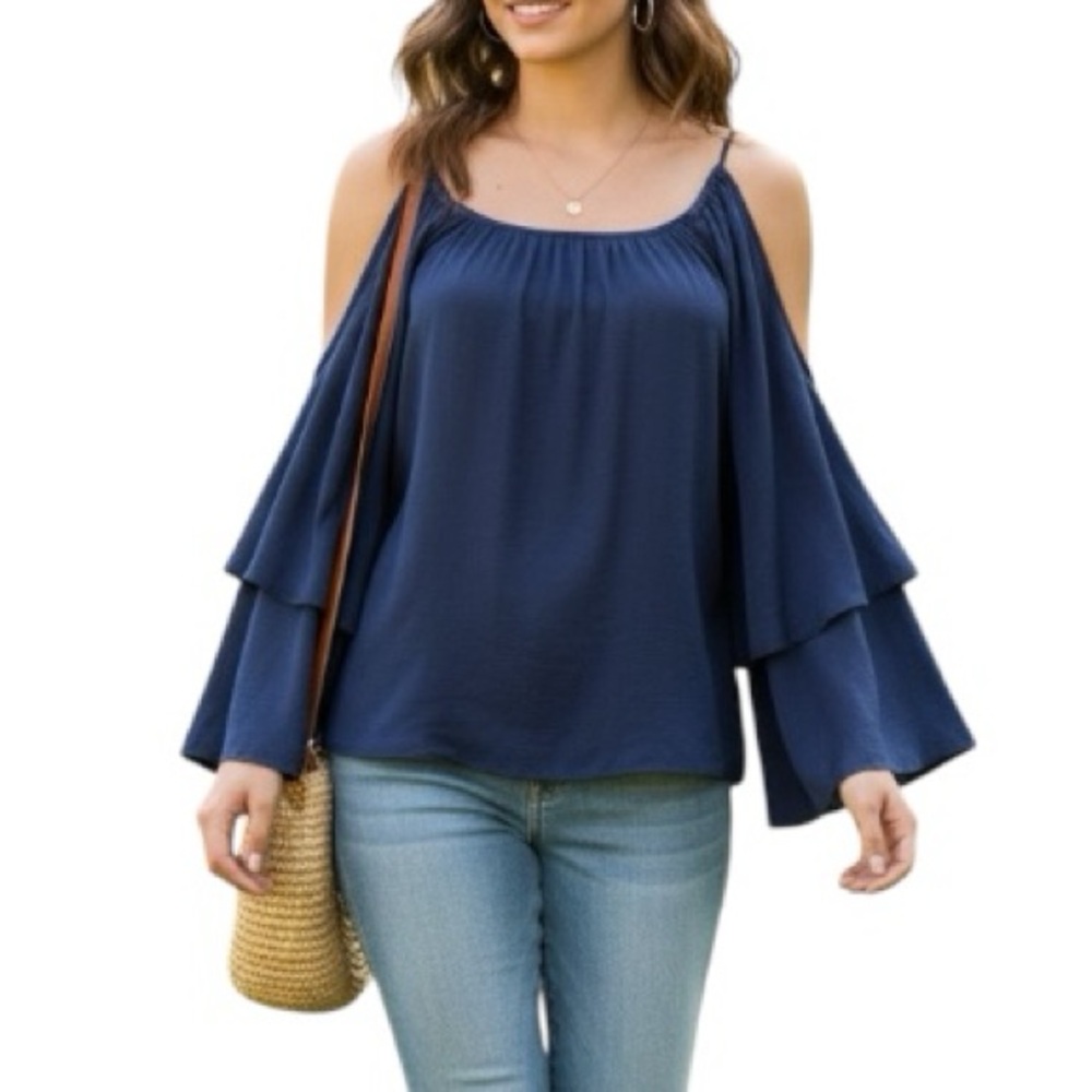WAYF Shiny Tiered Drape Sleeve Cold Shoulder Top Navy Business Work Office XS
